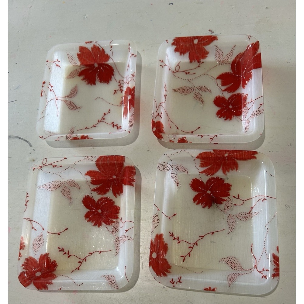 Vintage White Red floral melamine plates Trays Mid Century Home Decor Serving